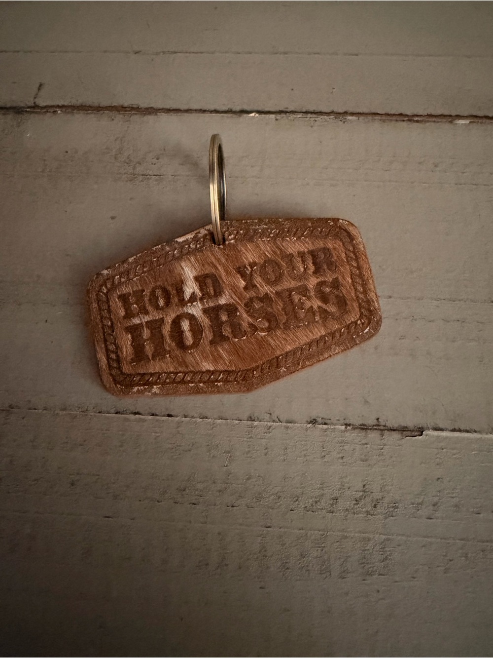 Leather and Cowhide Keychain Tag - "Hold Your Horses" - Brown